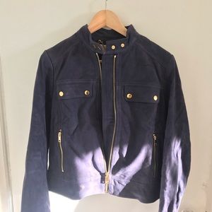 NWOT Navy Suede Leather Moto Jacket with Gold Hardware